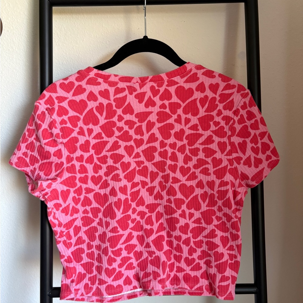 Pink Heart Patterned Ribbed Crop Top - Picture 2 of 5